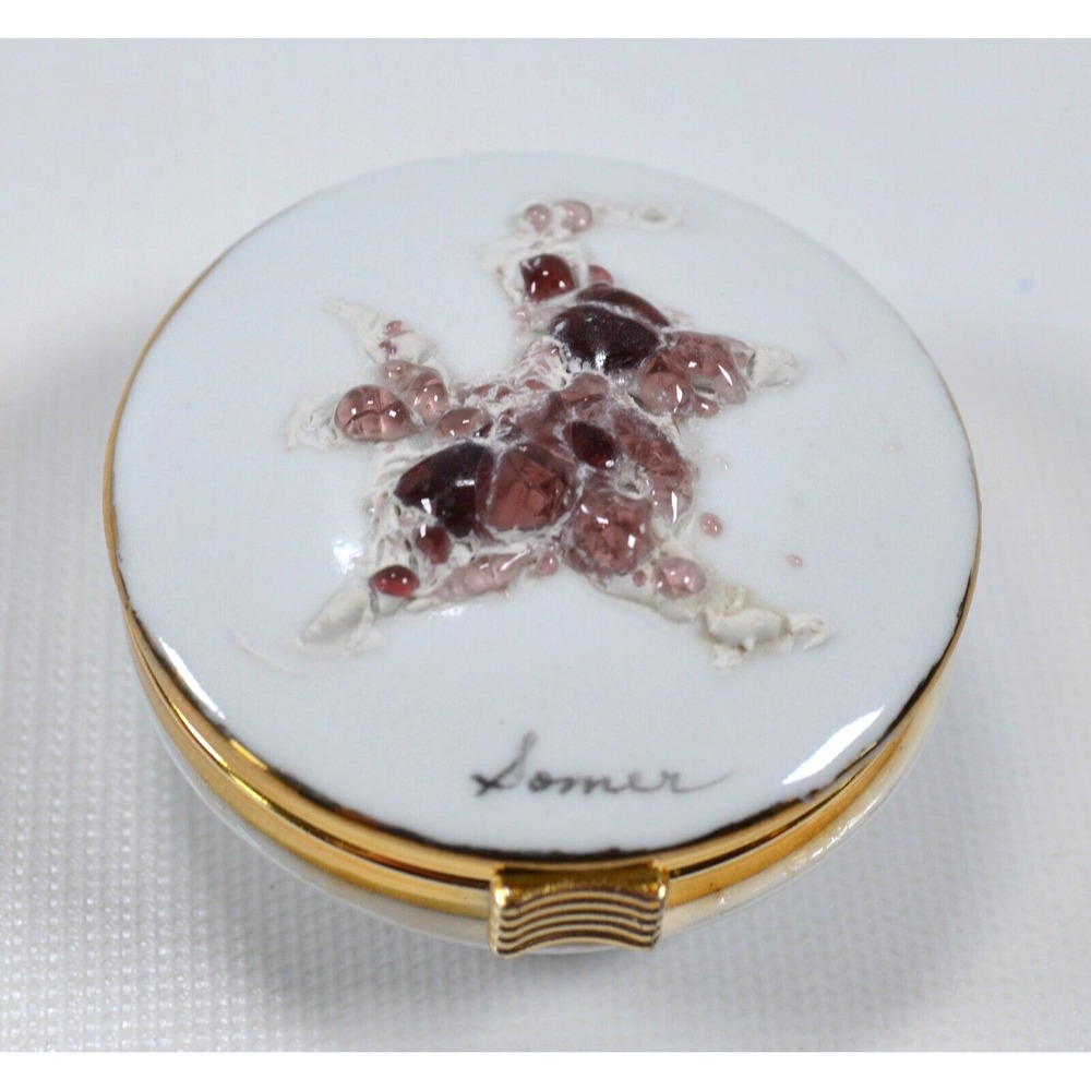 Vintage Ceramic Trinket Dish / Jar‎ with Flip Lid White with Gold Accent Trim